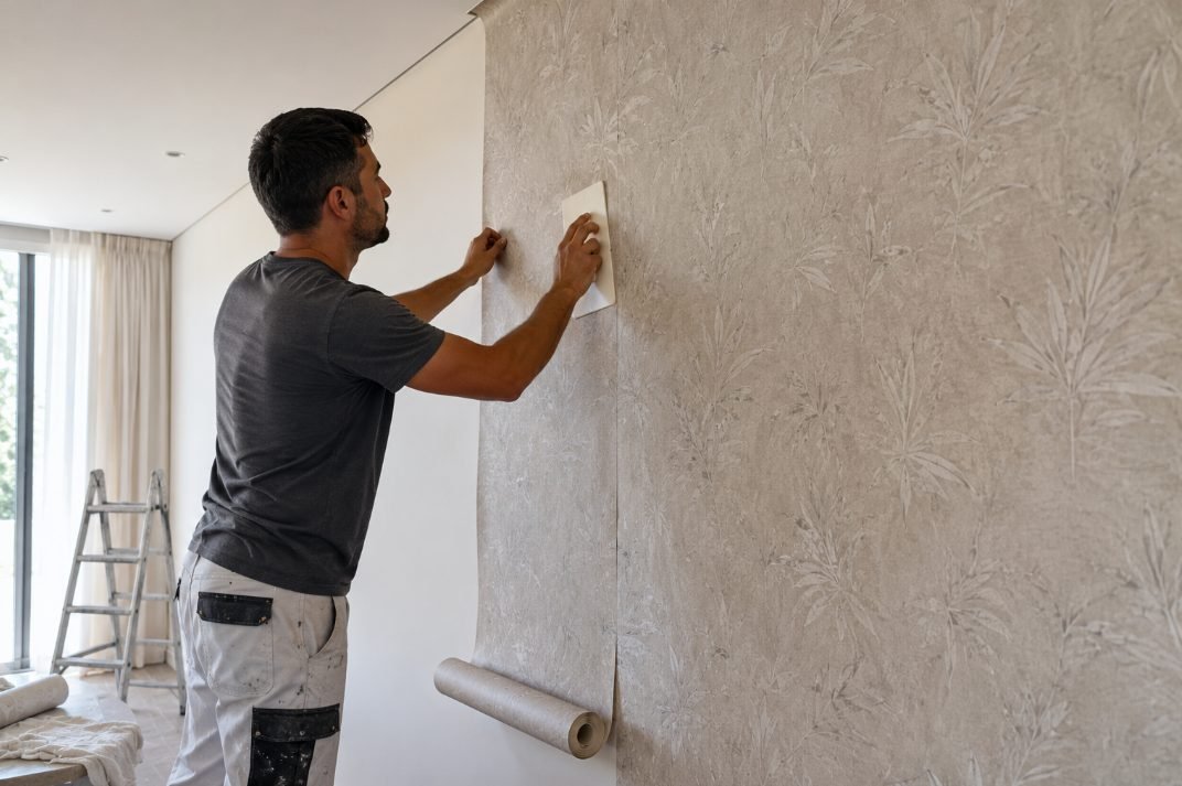 Instalador colocando papel pintado y alisándolo con espátula en Vilanova i la Geltrú
