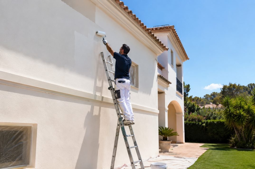 Pintor pintando la pared exterior de una casa unifamiliar con jardín en Vilanova i la Geltrú