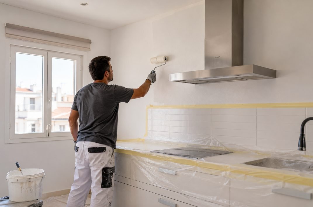 Pintor aplicando pintura lavable en la pared de una cocina con campana extractora en Vilanova i la Geltrú