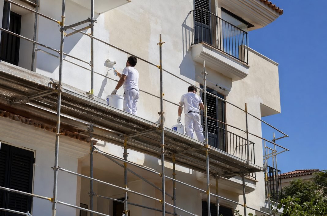 Pintores sobre andamio pintando la fachada de un edificio en Vilanova i la Geltrú