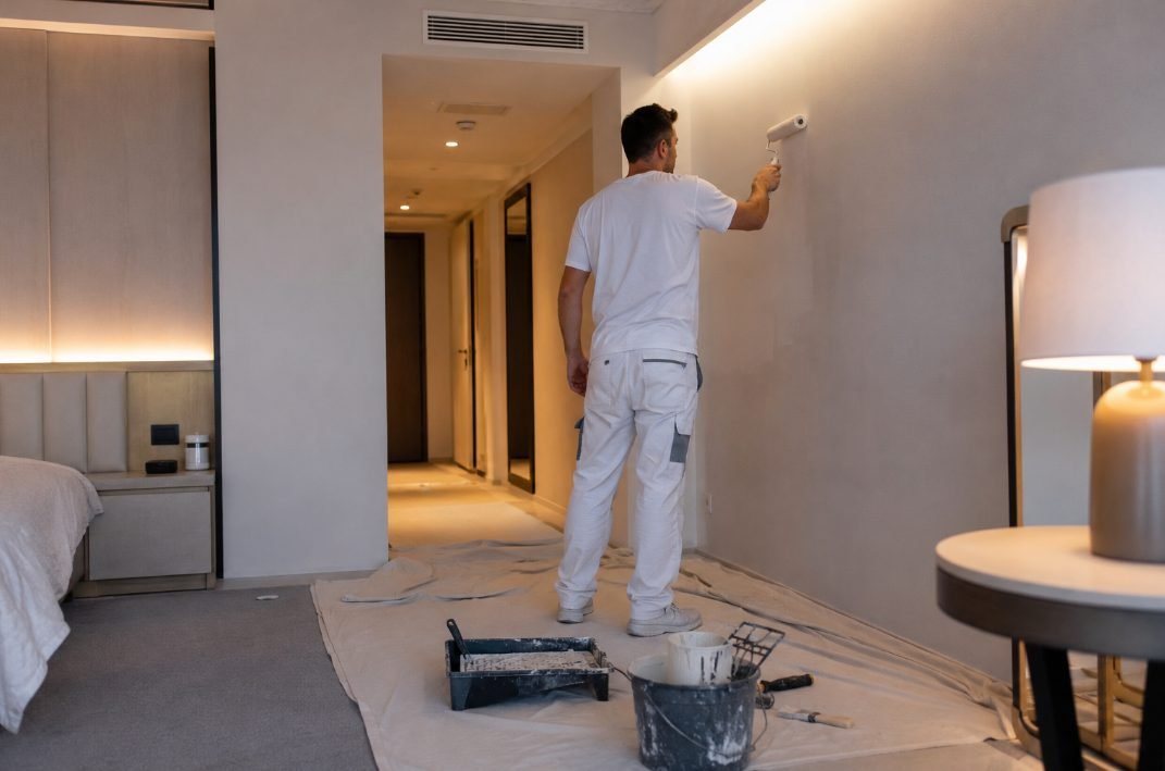 Pintor pintando la pared de una habitación de hotel en Vilanova i la Geltrú
