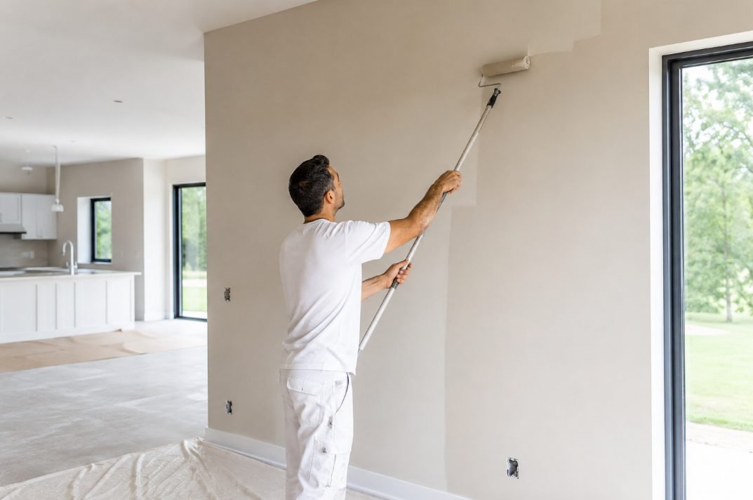 Pintor aplicando pintura de interiores con rodillo en una vivienda luminosa de Vilanova i la Geltrú