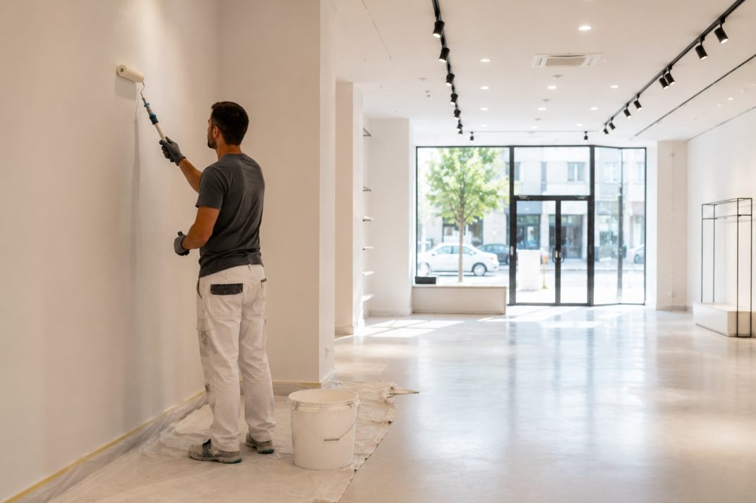 Pintor pintando el interior de una tienda con escaparate en Vilanova i la Geltrú