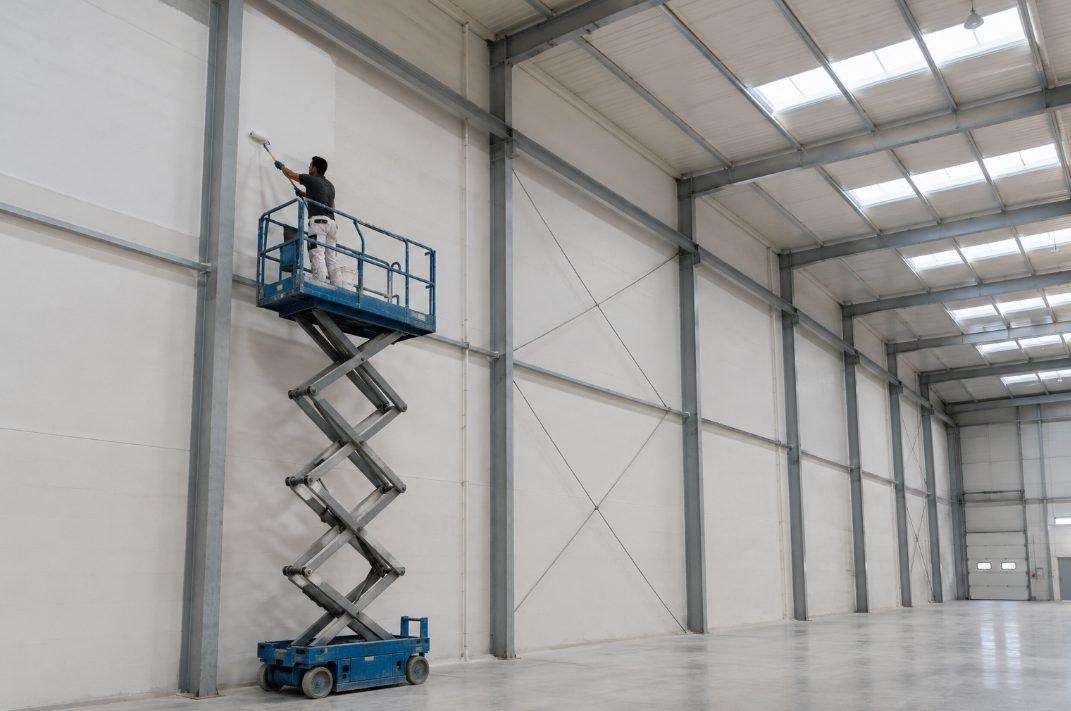 Pintor sobre plataforma elevadora pintando la estructura de una nave industrial en Vilanova i la Geltrú