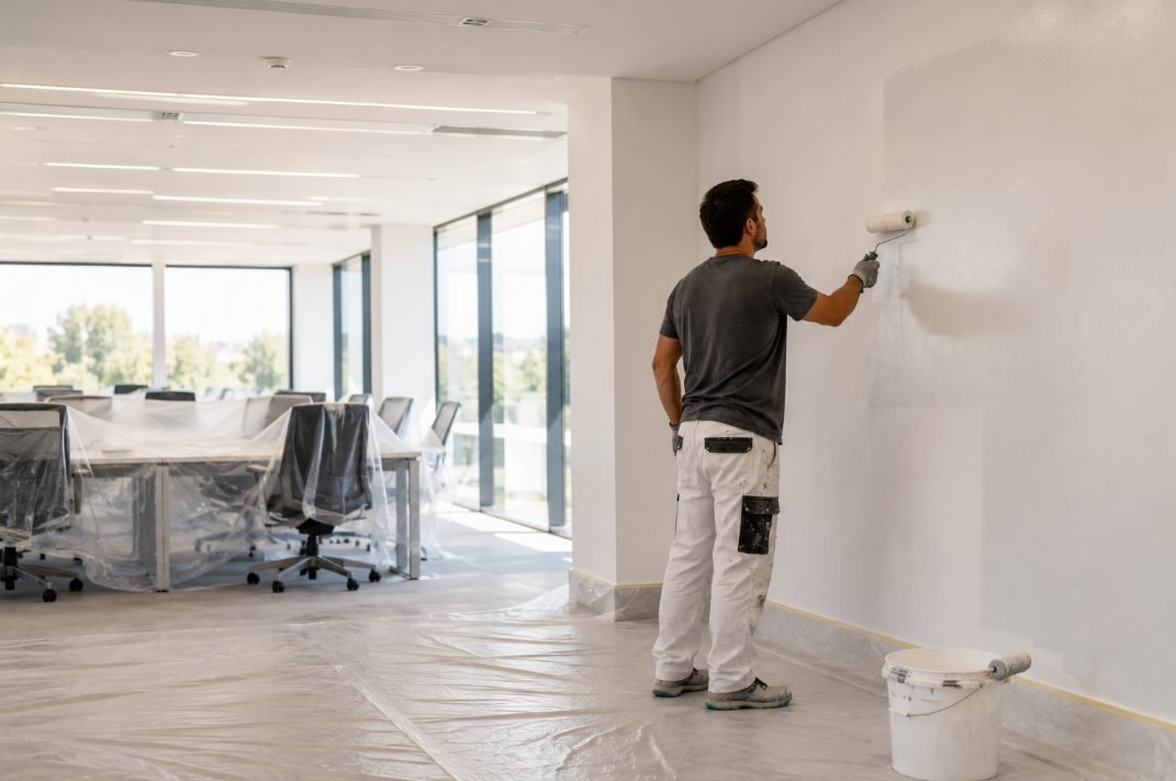 Pintor pintando la pared de una oficina diáfana con mobiliario protegido en Vilanova i la Geltrú