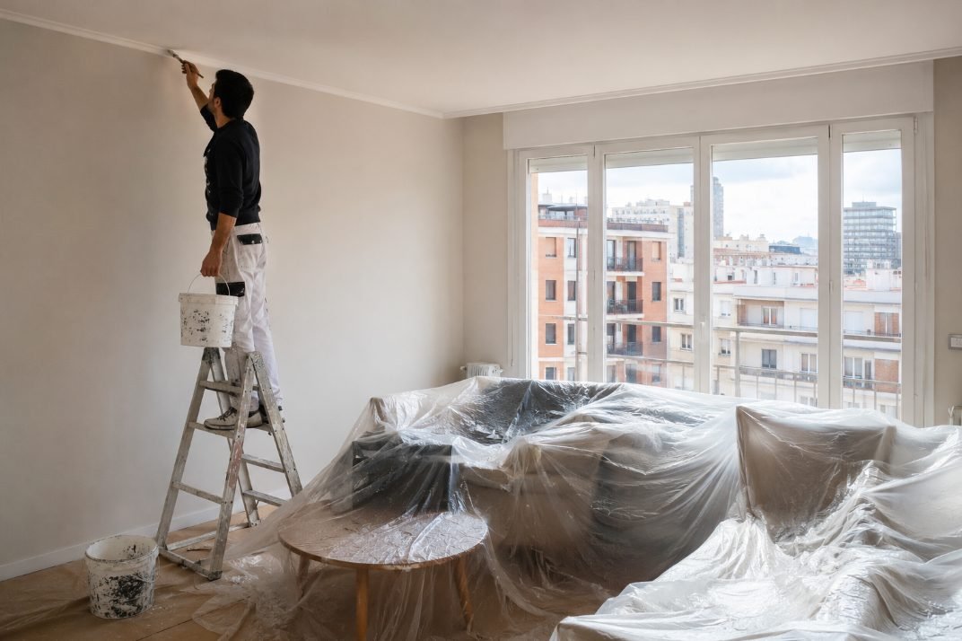 Pintor pintando un piso habitado con los muebles protegidos en Vilanova i la Geltrú