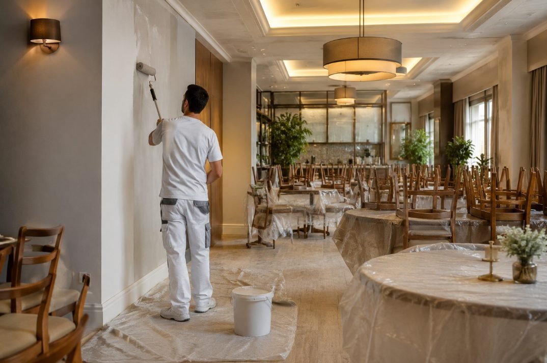 Pintor pintando la pared del comedor de un restaurante vacío en Vilanova i la Geltrú